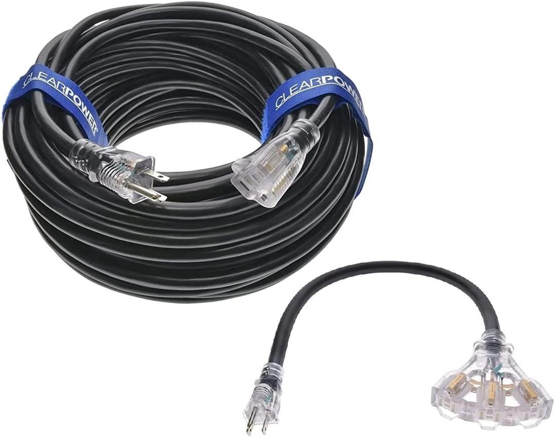 Clear Power Combo Pack 150ft 12/3 SJTW Black Outdoor Extension Cord w/Power Indicator Light & 2ft Black 3-Outlet Adapter w/Power Indicator Light, CP10223