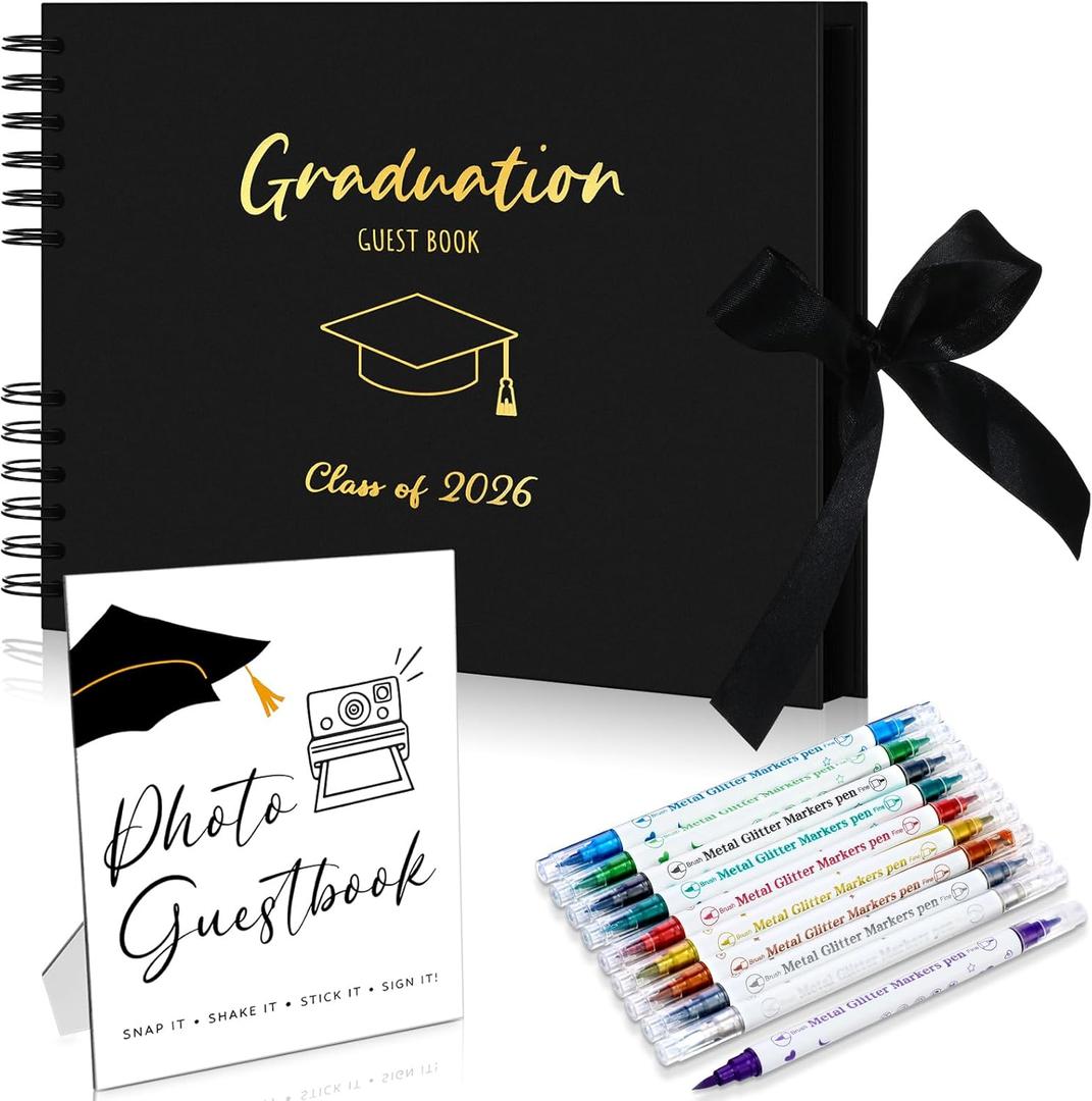 12 Pcs 2026 Graduation Guest Book with Photo Sign Decor 80 Pages Class of 2026 Scrapbook Photo Album with 10 DIY Dual Tip Metallic Markers Pens Gift, Exclude Camere(Graduation Cap,Black,10.4 Inches)