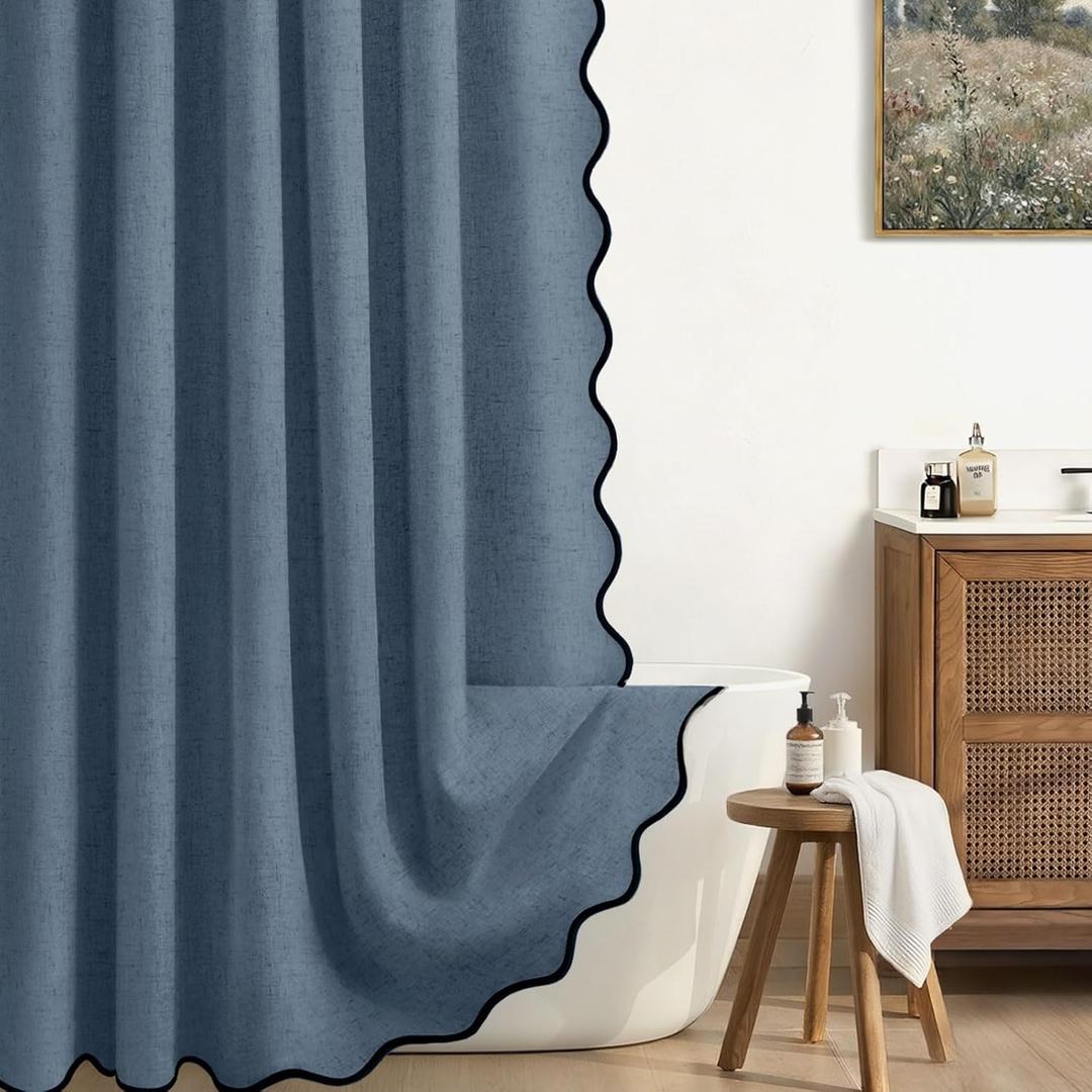 Linen Shower Curtain Blue Grey Cute Black Scalloped Boho Modern Shower Curtains for Bathroom Set, 72" W x 72" L