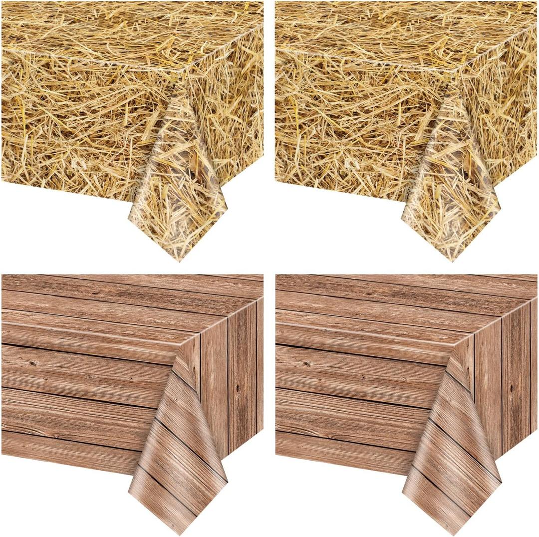 2Pcs Straw Tablecloths and 2Pcs Wood Grain Tablecloths Rectangular Straw Wood Grain Table Decorations for Farm Party Cowboy Western Theme Party Supplies, 51 x 86 inch