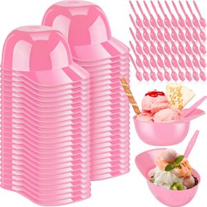 Irenare 50 Sets Mini Baseball Helmet Ice Cream Snack Bowls 8 oz with Disposable Taster Spoons Set Small Plastic Ice Cream Cups Dessert for baseball Party Gift (Pink)