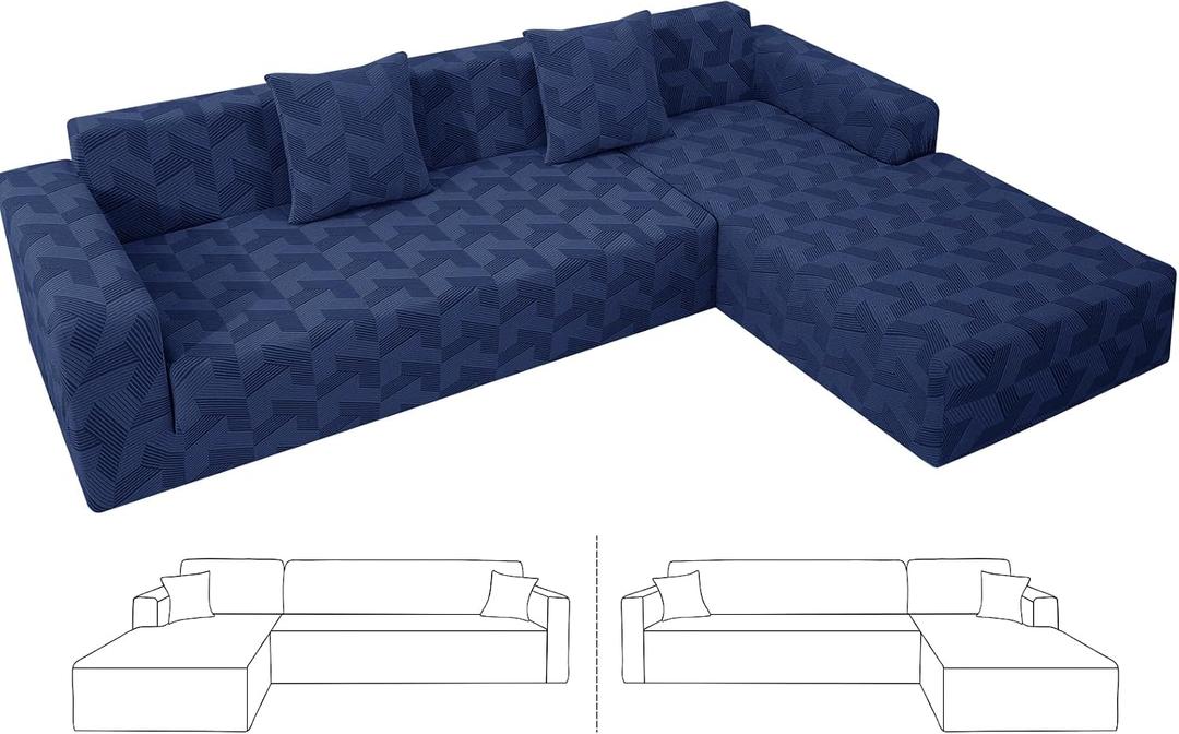 ZNSAYOTX Stretch Sectional Couch Covers New-Rectangle Texture, Thick Slipcovers with Elastic Bottom for L Shape Sectional Sofa, 2 Pcs Pet Friendly Universal Protector for(Sofa or Chaise), Navy Blue