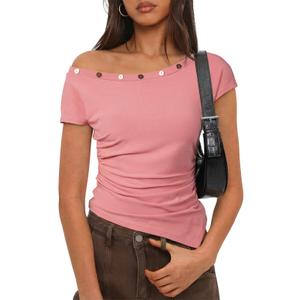 SHEWIN Women Tops Summer Short Sleeve Shirts Dressy Casual Sexy Boat Neck Tshirt Trendy Date Night Off Shoulder Blouses 2026 Going Out Clothes Size XL, Pink (Pink, XL)
