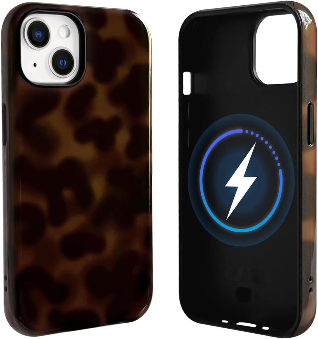 NITITOP Compatible with iPhone 14 Plus / 15 Plus Case Magnetic Compatible with MagSafe Cute Leopard Amber Aesthetic Tortoise Design for Women Men Girls Soft TPU Shockproof Protective Cover - Brown
