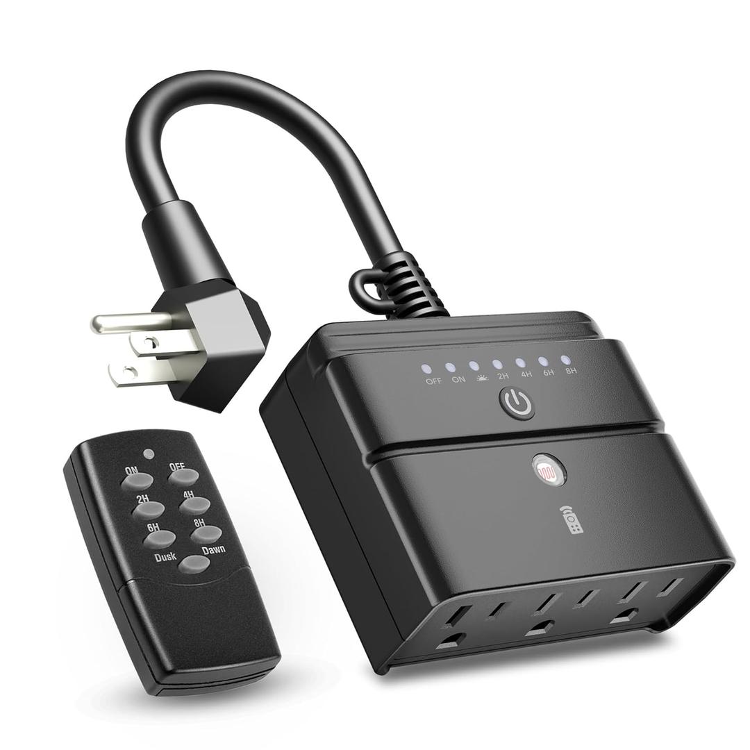 BN-LINK Outdoor Timer Outlet, Dusk-to-Dawn & Remote Control (100ft) - Waterproof 3-Grounded Outlets, 15A ETL Listed for Outdoor String Lights & Appliances