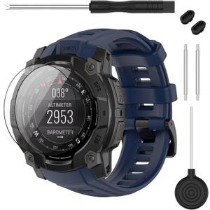 TopPerfekt Band Compatible with Garmin Instinct 3 45mm, Soft Silicone Replacement Watch Band 22mm Width Strap and 2 Pack Screen Protectors for Instinct 3 Smart Watch for Women Men (Navy Blue)