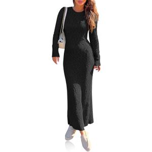 Wenrine Womens Sweater Maxi Dress Long Sleeve Knit Ribbed Crew Neck Slim Fit Casual Fall Long Dresses (Black)