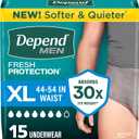 Depend Fresh Protection Adult Diapers, Incontinence Underwear for Men, Disposable, Maximum, Extra-Large, Grey, 15 Count