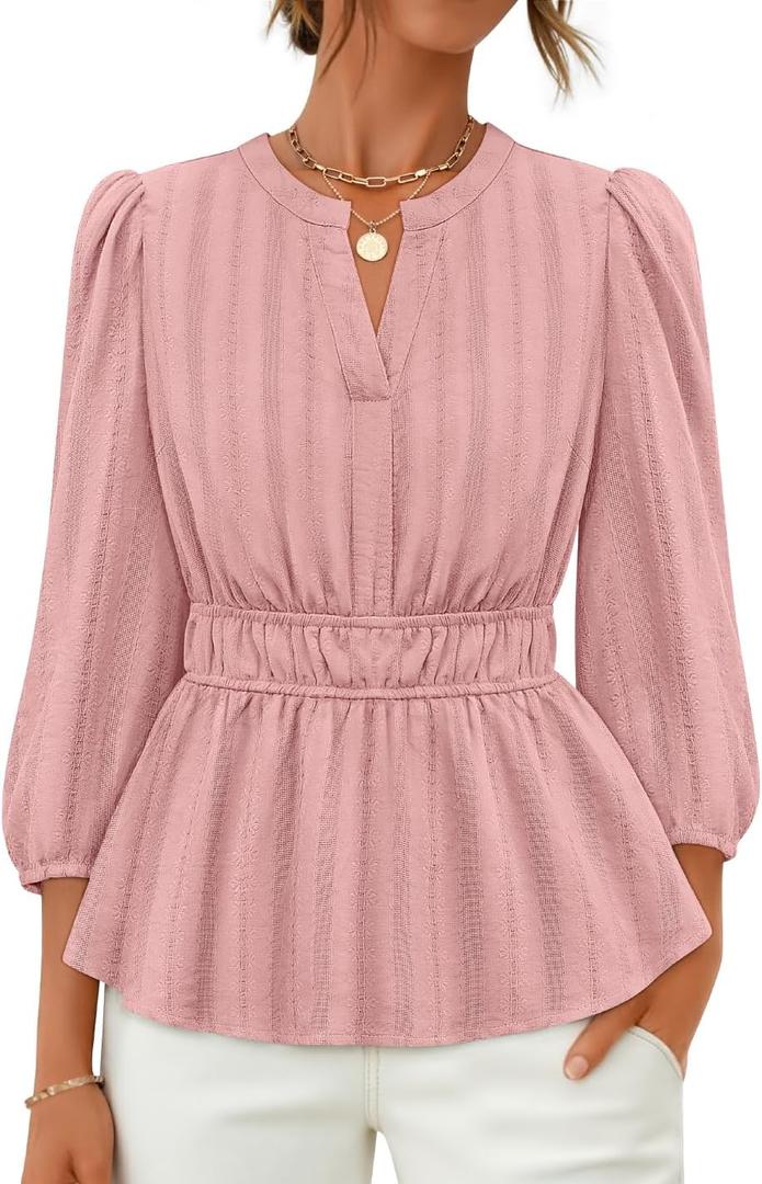 ZESICA Women's 2026 Fall Babydoll Peplum Tops V Neck Puff 3/4 Length Sleeve Shirts Dressy Casual Blouses (Pink, S)