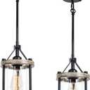 Farmhouse Pendant Light, Rustic White Wood Metal Cage Hanging Light Fixtures with Glass, 43 Inch Adjustable for Flat and Slop Ceiling, Pendant Lighting for Kitchen Island Foyer Hallway, 2 Pack, 6.3 inches x 6.3 inches x 43 inches