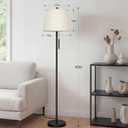 JUNNAI Upgraded Modern Black Floor Lamp 63in Standing Lamp for Living Room Bedroom Office 3 Way Brightness Dimmable Tall Pole Light with Beige Linen Shade Metal Shade 8W 3000K LED Bulb Included