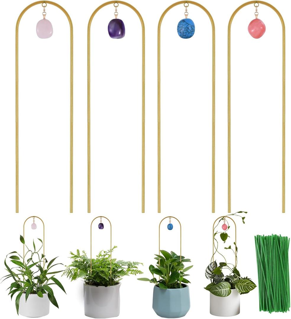 Plant Trellis for Climbing Plants, 15.75 inch Garden Small Metal Arch Glod Trellis for Potted Plants Indoor Outdoor with Natural Stone Decor for Vine Ivy Flower Support 4 Pack (Gold)