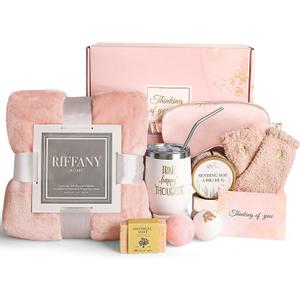 Birthday Gifts for Women, Unique Happy Birthday Gift Basket Self Care Package Bday Ideas with Luxury Flannel Blanket for Mom Her Best Friends Sister Wife Friendship (Pink)