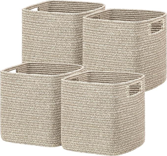UBBCARE Set of 4 Storage Basket-12 X 12 X 12 in, Cotton Rope Basket for Shelves, Toys, Book, Cube Storage Bins with Handles, Woven Storage Basket for Organizing, Brown