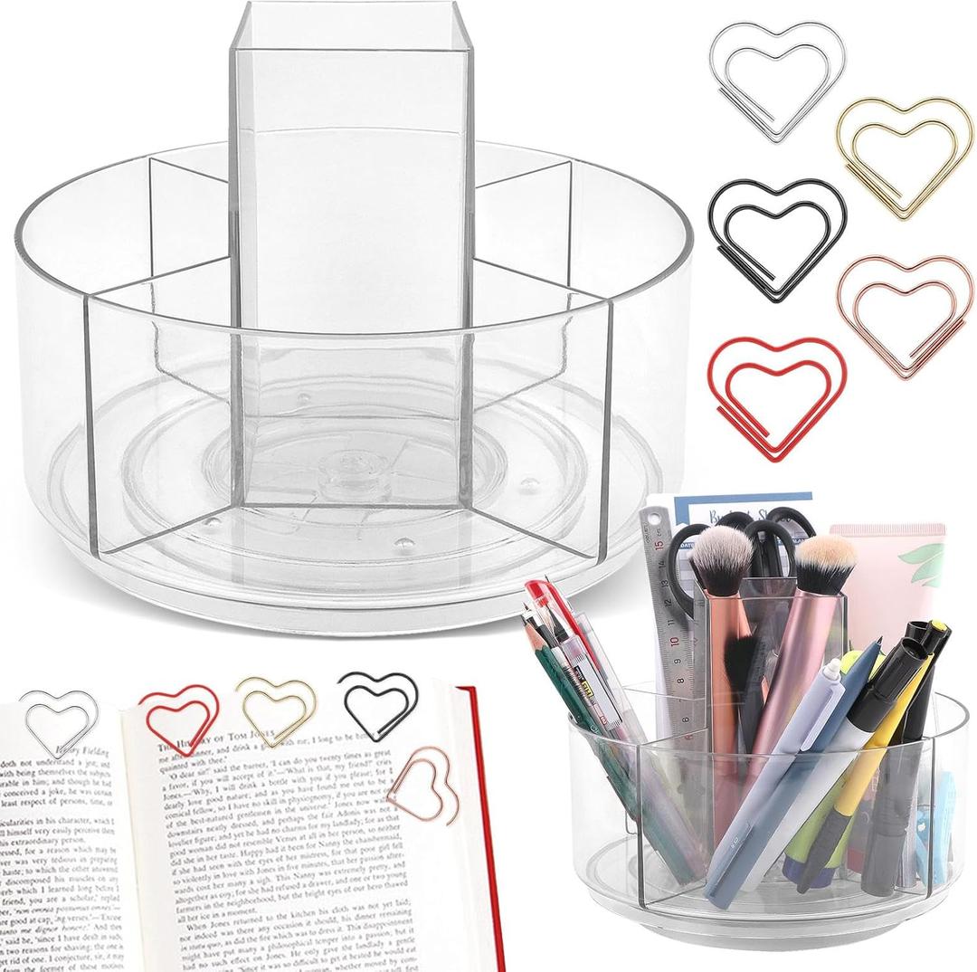 Rotating Pencil Holder for Desk,5 Slots 360 Spinning Acrylic Pen Holder,Marker Holder Crayon Organizer Pen Organizer for Office Home School