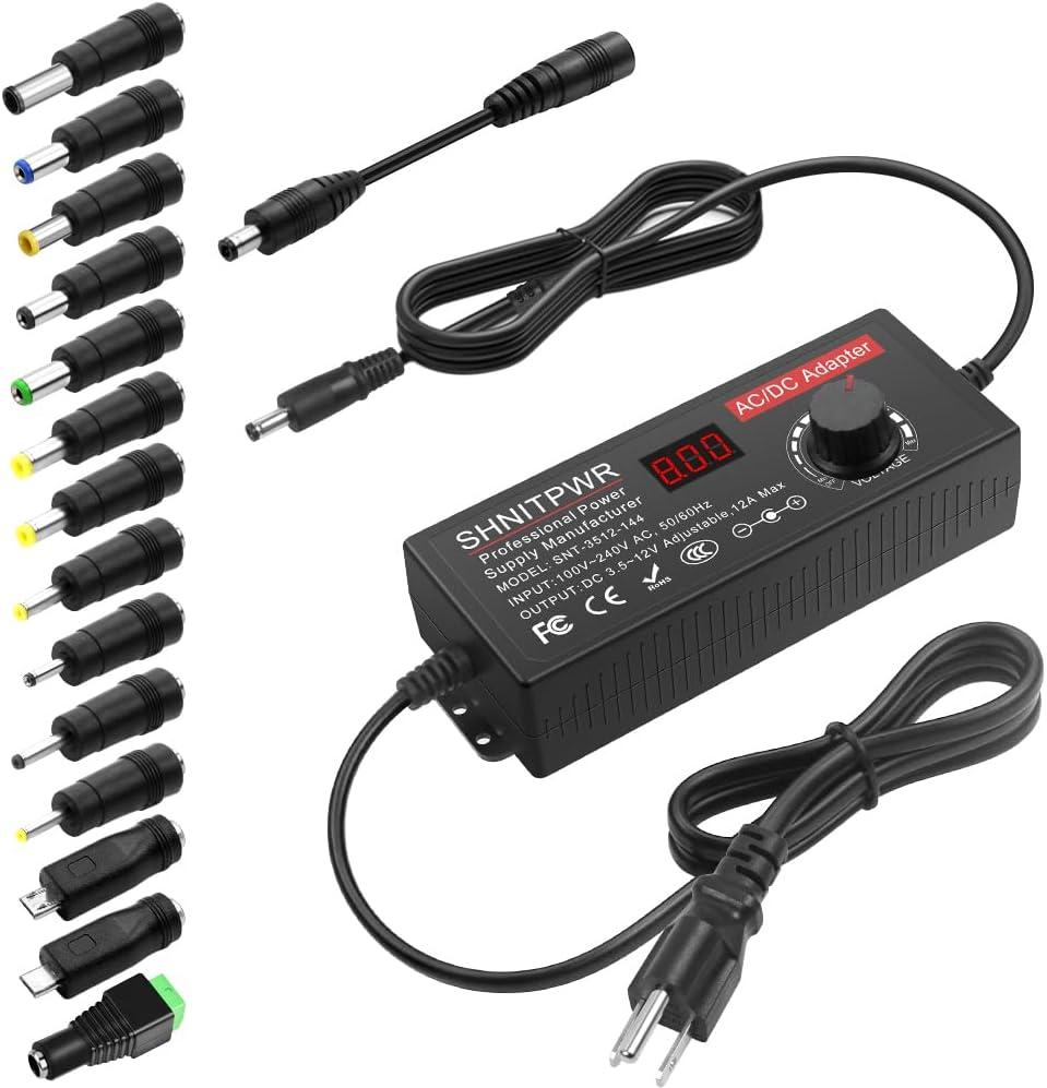 SHNITPWR Power Supply Adjustable DC 12V 11V 10V 8V 9V 6V 5V 3.5V Universal AC Adapter Multi-Voltage AC/DC Adapter 3.5V~12V 12A 144W DC Power Adapter 100V~240V AC to DC Variable Power Converter 14 Tips
