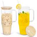 2 Pack 40 oz Glass Tumbler with Handle, Reusable Clear Glass Cups with Lids and Straws, BPA-Free, Wide Mouth Drinking Iced Coffee Cups for for Coffee, Boba, Smoothies, Soda, Juice 