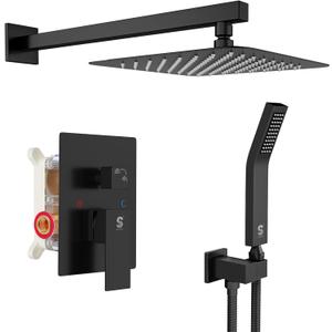 SR SUN RISE Black Square Rainfall Shower Head and Handle Set, Wall Mounted Shower Fixtures, Metal Shower Faucet Trim Repair Kits (With Shower Valve) (10 Inch, Matte Black)