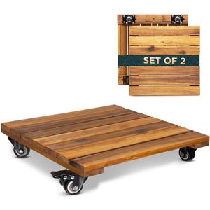 Idzo 2-Pack 14 Inch Wood Plant Caddy with Wheels Heavy Duty, 264 lbs Acacia Hardwood Plant Caster Dolly Rolling Stand with 360 Lockable Wheels for Heavy Plant Pots and Outdoor Use (Square Wood Natural)