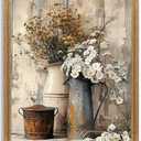 Krtoni Framed Farmhouse Vintage Canvas Wall Art, Country Floral Daisy Picture Wall Decor, White Jasmine Flowers and Rust Kettle Poster Print for Living Room Bedroom Bathroom Rustic Decor 24''L x 16''W