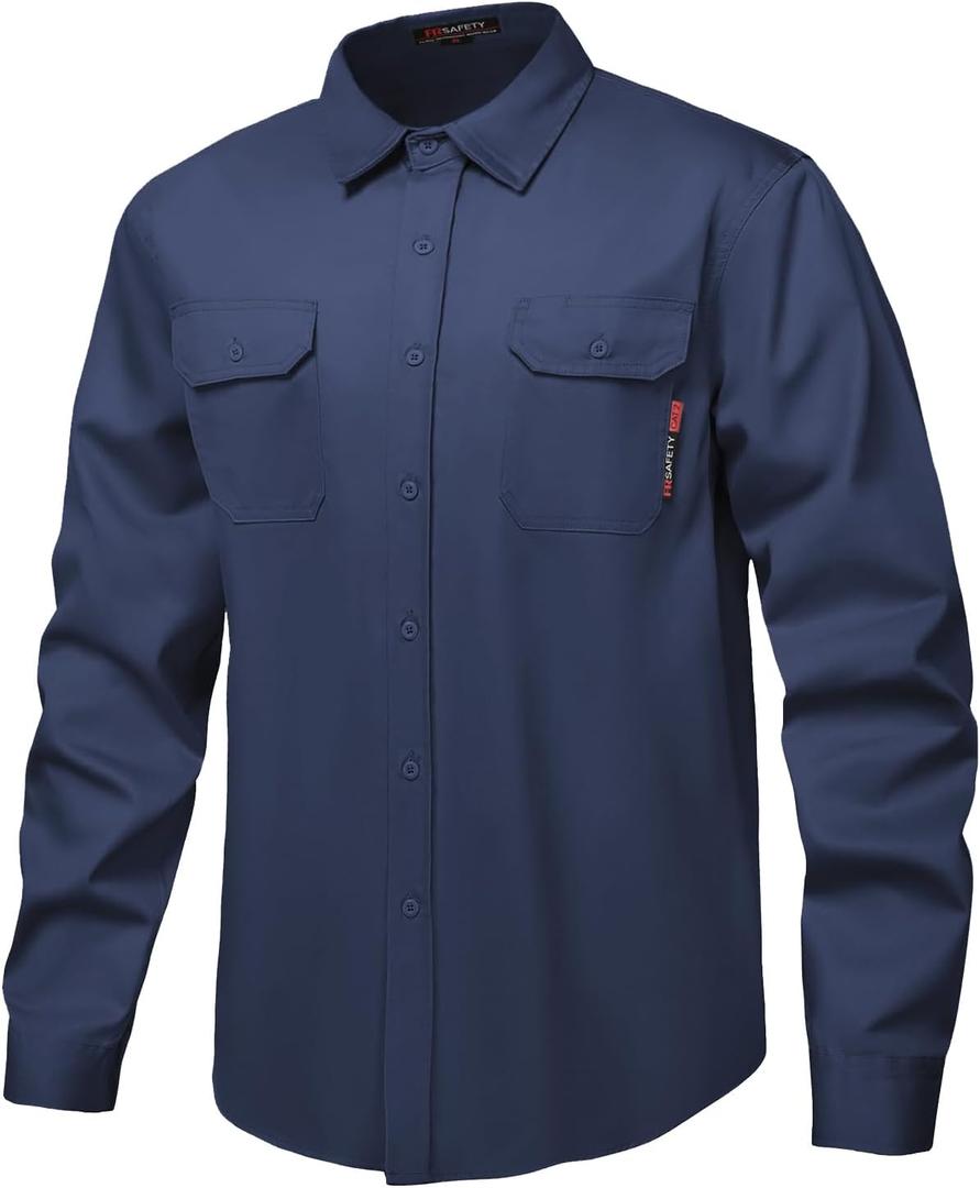 FR Shirt 7oz Fire Resistant Shirts Men's,CAT2 Welding Shirt 100% Cotton Flame Resistant Shirts Navy (2X-Large)