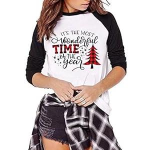 Its The Most Wonderful Time of The Year T Shirt Women Plaid Christmas Tree Graphic Long Sleeve Spliceing Baseball Tee Tops White, XXL