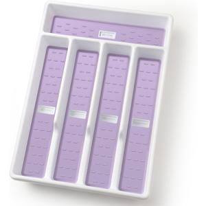 Silverware Organizer with Cutlery Icons，Silverware Tray for Kitchen Drawer，Plastic Flatware Tableware Silverware Drawer Organizer Utensil Organizer with Non-slip TPR Linings，5-Compartment, Purple