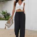 Sampeel Wide Leg Pants for Women Flowy Palazzo Drawstring Elastic Waist Trousers with Pockets Summer Beach Vacation Clothes (Black, M)