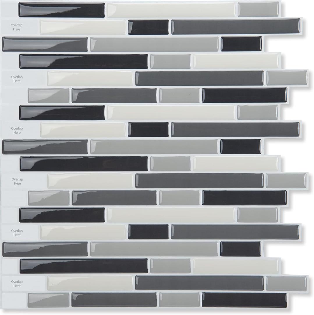 LONGKING 10-Sheet Self-Adhesive Peel and Stick Backsplash for Kitchen, Vinyl Decorative Tiles (Black/Gray)