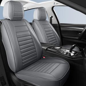 Leather Car Seat Covers, Waterproof Horizontal Stripes Front and Rear Car Seat Cover, Breathable Automotive Seat Covers for Sedan SUV Pick-up Truck(Style2,5 PCS Full Set, Grey)
