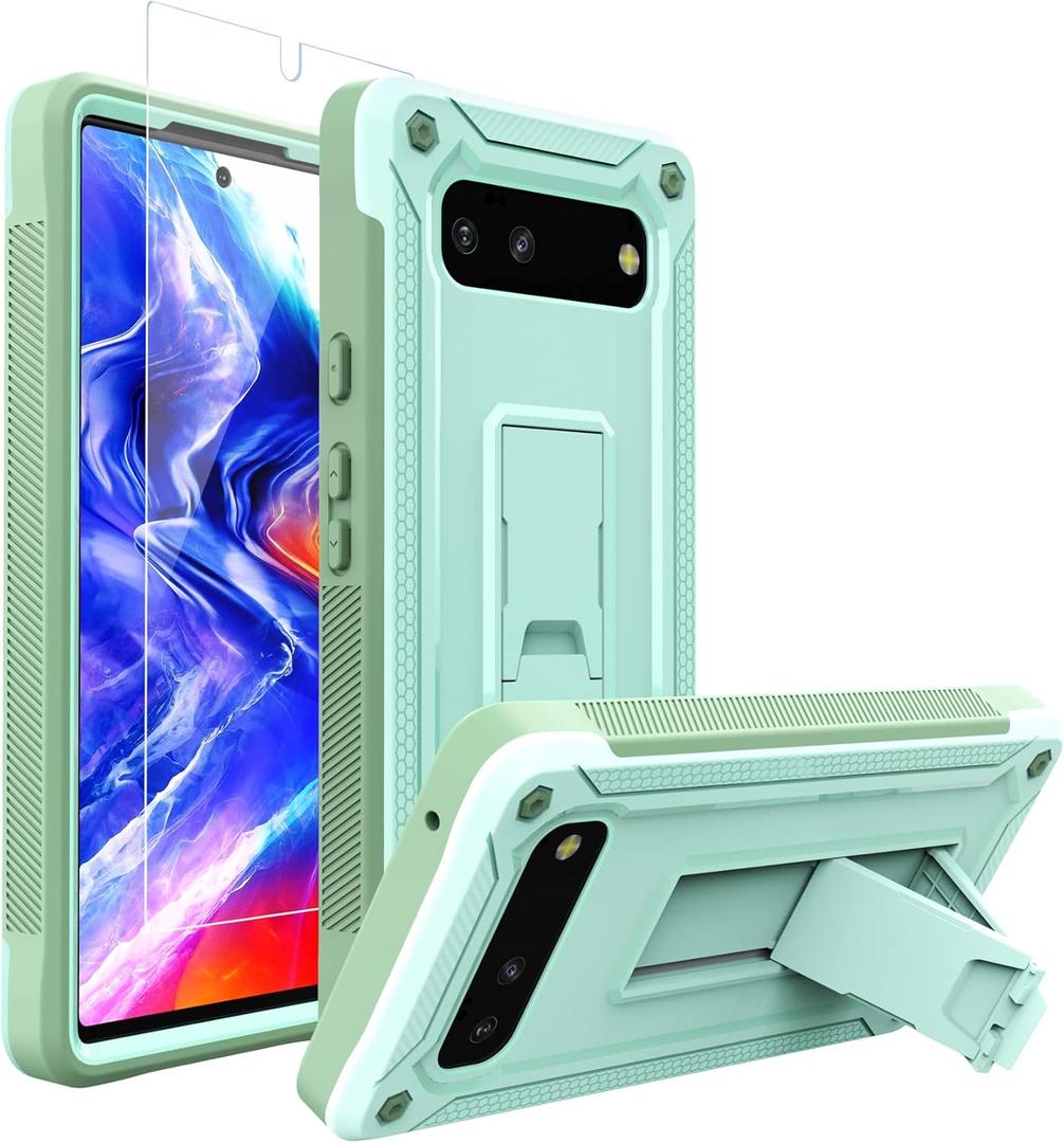 URBANITE for Google Pixel 6 Case 6.4 Inch, Military Grade Dual Layer Shockproof Protective Cover Case with Kickstand and Tempered Glass Screen Protector (Mint Green) (Google Pixel 6 2021 6.4")