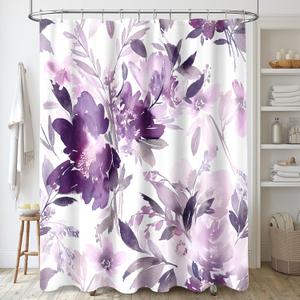 Purple Floral Shower Curtain, Watercolor Lavender Flower Shower Curtain for Bathroom, Modern Abstract Ink Decorative Fabric Shower Curtain Set with Hooks 72"x72"