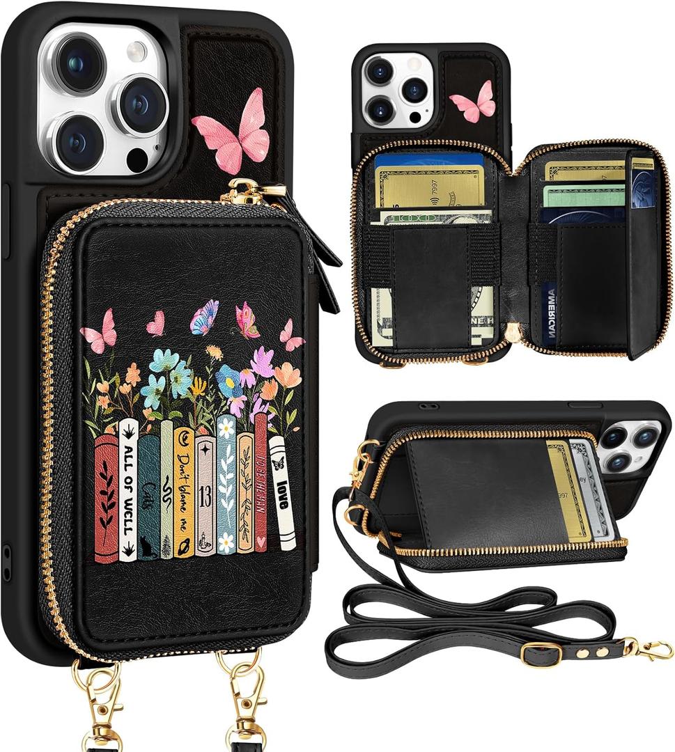 Shorogyt Leather Wallet Case Crossbody | RFID Blocking, Card Holder Slots, Designer, Book, Handbag, Purse, Phone Cases, with Lanyard