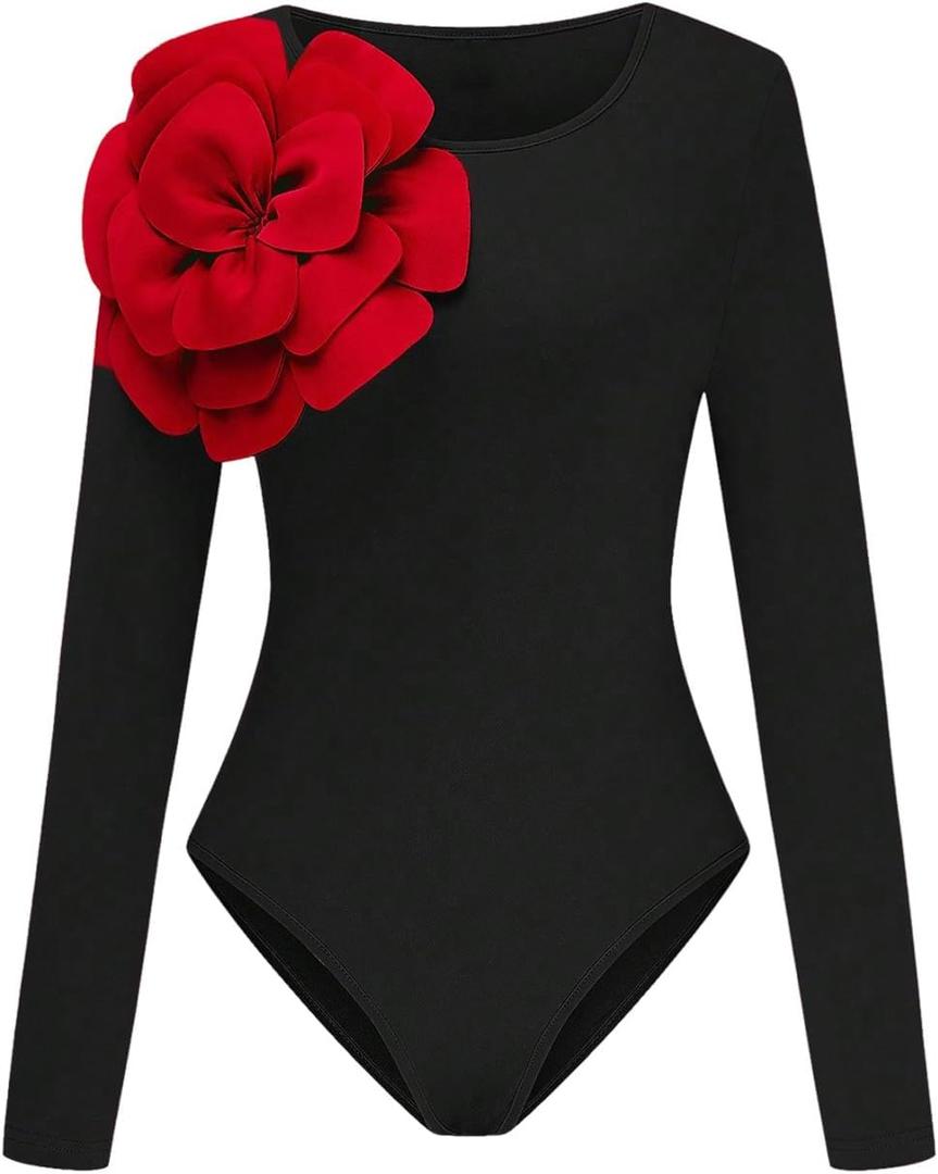 GORGLITTER Women's 3D Floral Long Sleeve Bodysuit Round Neck Casual Holiday Party Outfits Tops, XL
