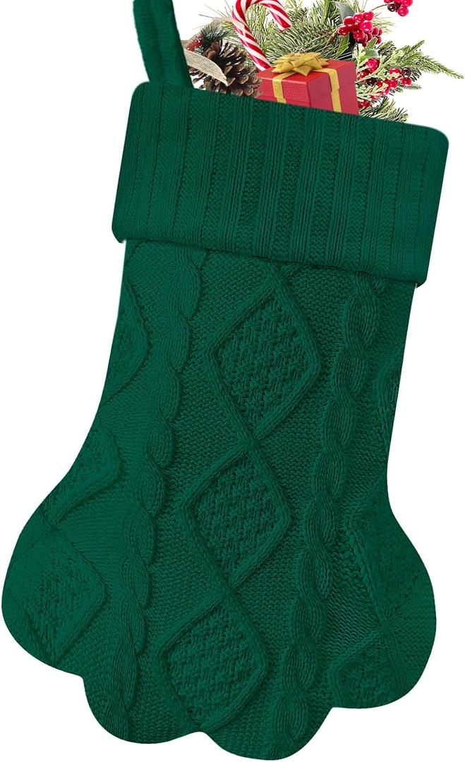 Malier Christmas Stocking for Dogs Cats, Knit White Dog Christmas Stocking, Paw Shape Pet Christmas Stocking Large Cat Stockings Hanging Stocking for Dogs Cats Pets (Green)