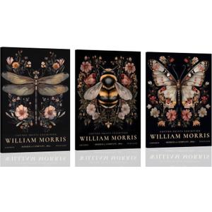 3pcs framed William Morris Wall Art Retro Insect Canvas Pictures Bee Butterfly Dragonfly Posters Prints, Botanical Nature Flower Wall Decor Paintings for Living Room Bedroom Bathroom (12x16, Black)