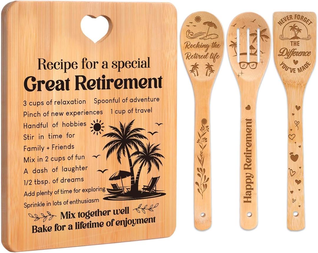 Retirement Gifts for Woman/Men 2026, Happy Retirement Bamboo Cutting Board Set for Colleagues, Friends, Teachers, Bosses, Parents, Family - Recipe for a Special Great Retirement.