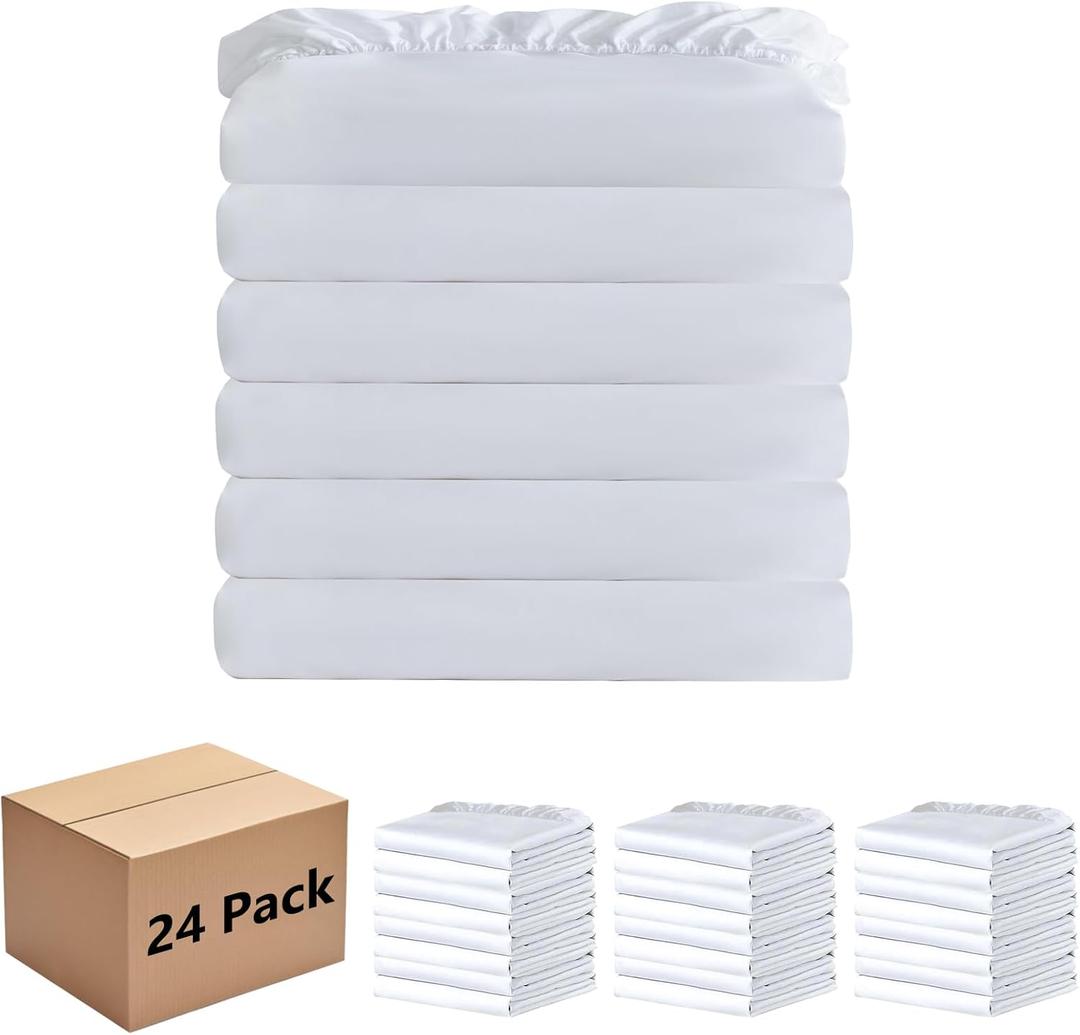 White Bulk Queen Fitted Sheet Only Deep Pocket 24 Pack, Quick Sort Bottom Bed Sheets Color-Coded Label Threads, Soft Brushed Microfiber Hotel Motel Airb&bs Essentials for Hosts, 60"x80"