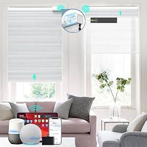 BLANKENDON Motorized Cellular Shades with Remote Control, Blackout Electric Smart Blinds(Free Solar Panel) with Cordless, Windows Automatic Honeycomb Blinds, with Alexa Google, White, 33"× 64"