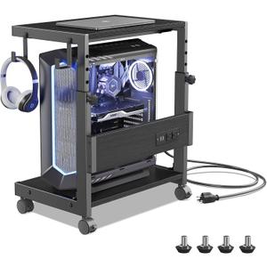 Computer Tower Stand with Charge Station and USB Charging Port - Height Adjustable PC Tower Stand, Under Desk CPU Holder Cart with Locking Caster Wheels for Fits Most PC (17.32", Black)