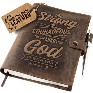 moonster Refillable Leather Journal Joshua 1:9 Bible Verse Embossed Journals with Pen  Milled A5 Leather Journal Lined Paper - Line Notebooks for Men  Leather Notebook with Pen Holder - 320 Pages