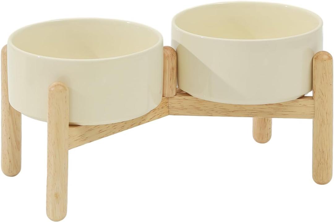 Havniva Ceramic 6.1inch Raised Dog Bowl with Stand for Small and Medium Breed Dog Dish Pet Food and Water Bowl (Double Bowl with Stand - Light Yellow, 28oz)