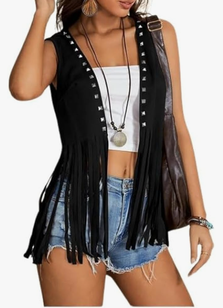 GORGLITTER Women's Fringe Vest Sleeveless Western Country Concert Cowgirl Outfits 70s Hippie Faux Suede Jacket Cardigan
Size -M