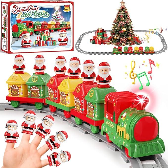 Christmas Train Set for Toddlers 2-4: Electric Toy Train with Light & Music, Toddler Toys for 1 2 3 Year Old Boy Girl, 6 Santa Finger Puppets, Track for Around Tree, Stacking Barns