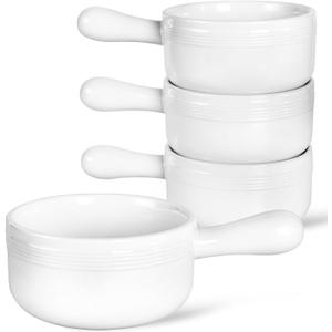 French Onion Soup Bowls, 16 oz Ceramic Soup Bowls with Handles, French Onion Soup Crocks for Chili, Stew, Cereal, Oven Microwave Dishwasher Safe, Set of 4, White