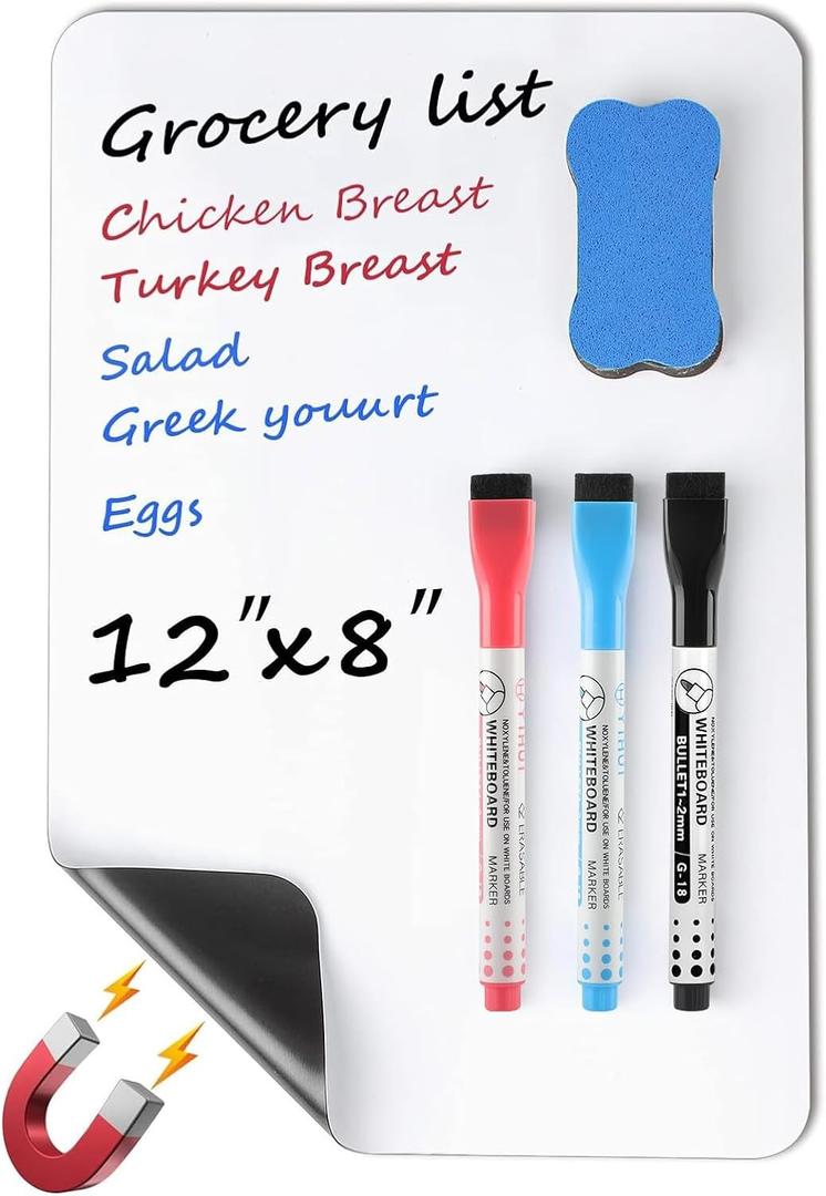 MaxGear Small Magnetic Dry Erase Board Sheet for Refrigerator, Fridge Whiteboard for Kitchen, 12"x8" White Board Organizer and Planner with Stain Resistant Technology, Include 1 Eraser, 3 Markers