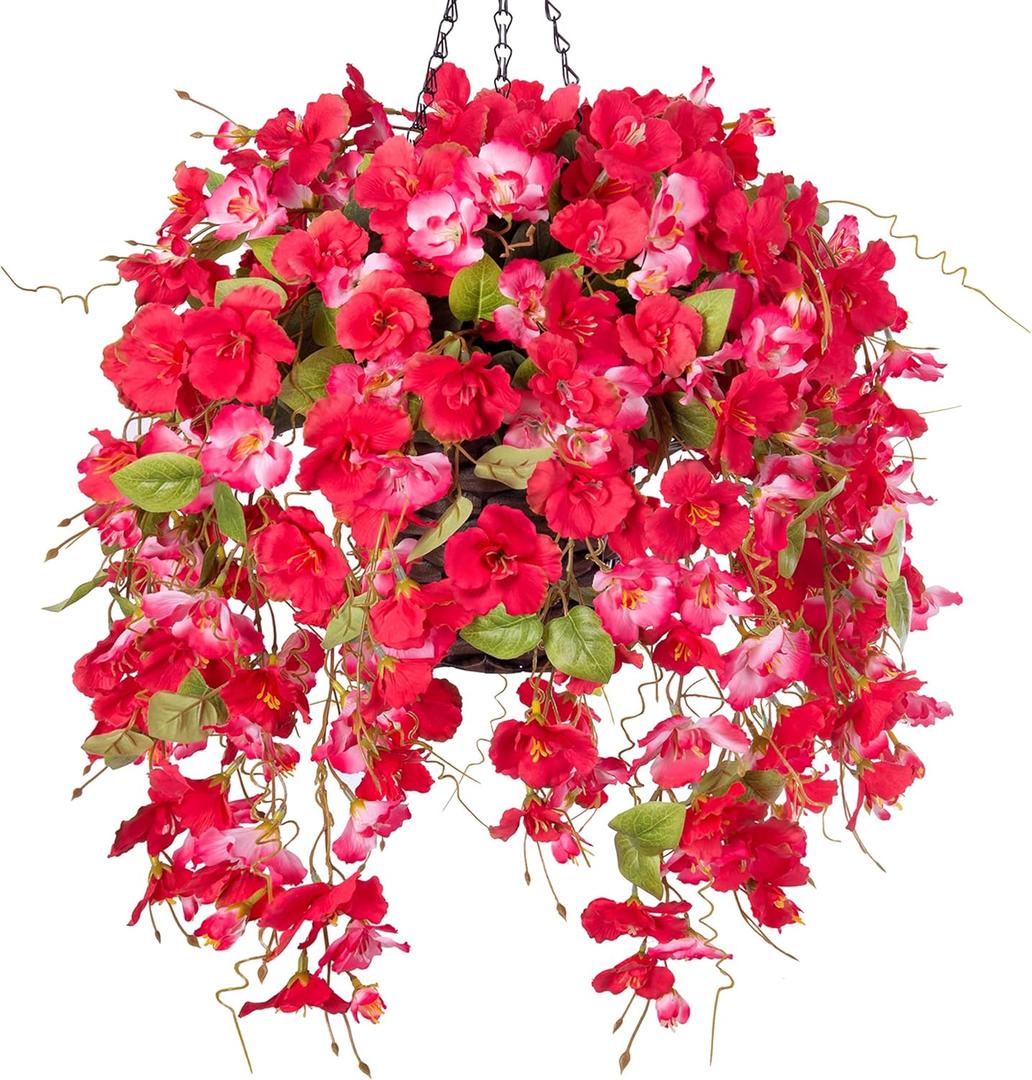 HyeFlora Artificial Fake Hanging Hibiscus Flower Baskets for Outdoor Decoration, Faux Silk Hibiscus Long Vines in Planter UV Resistant Realistic Flowers for Outside Porch Patio Home Decor, RedPink