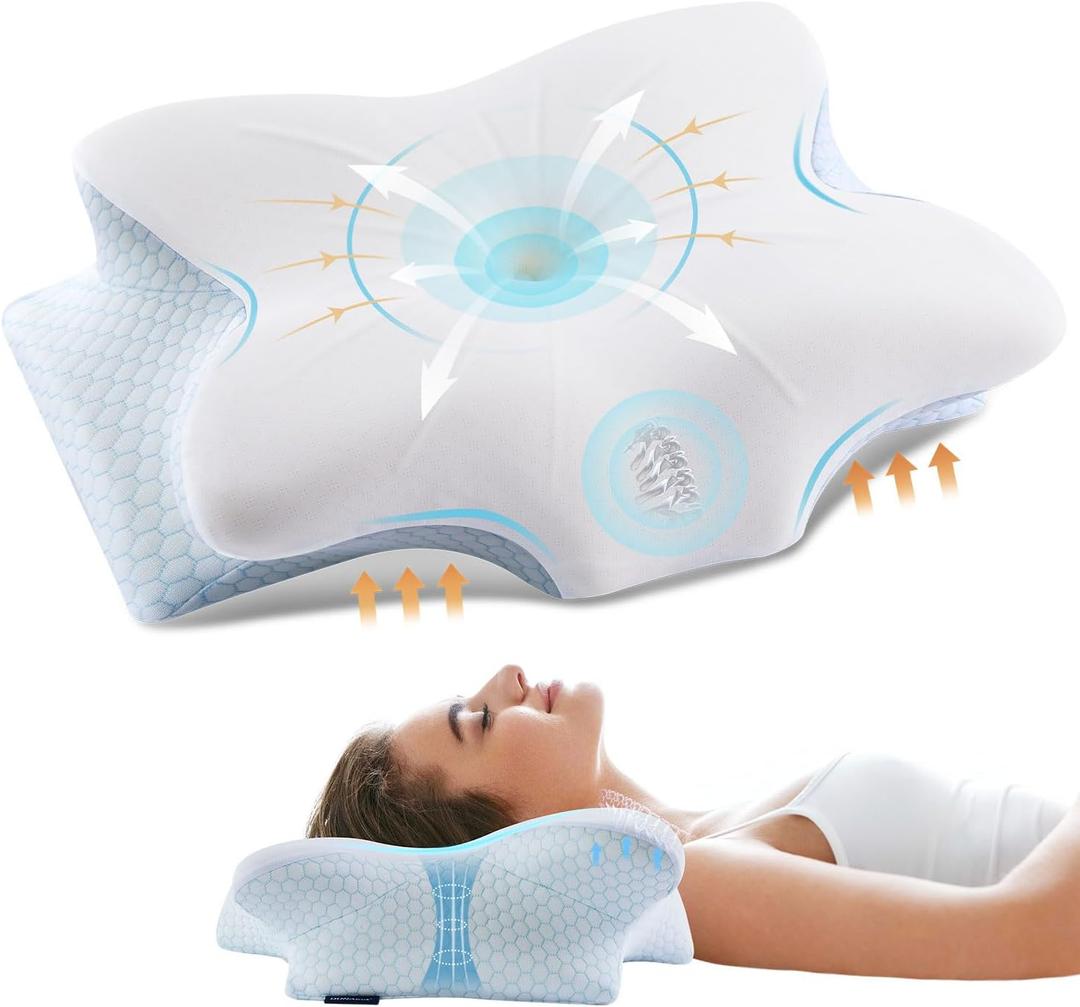 Cervical Memory Foam Pillow for Neck and Shoulder, Ergonomic Contour Cervical Pillow for Sleeping with 2 Heights, Cooling Neck Support Pillows for Side Back Stomach Sleeper Blue