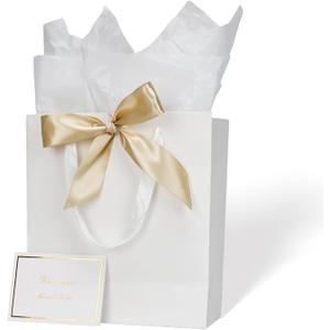 Aosric White Gift Bags with Tissue Paper, Ribbon & Greeting Card, 2 Pack Medium Size 10x4.5x11 In Reusable Gift Bag for Wedding, Baby Shower, Birthday Party Favor, Return Gifts