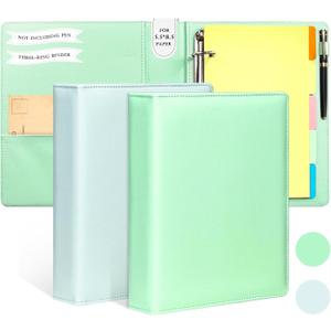 2 Pack Mini Size 3 Ring Binder 1 inch Rings 5 Colors Dividers Pu Leather Binders 5.5" X 8.5" Holds 200 Sheets Paper Three Ring Binder DRing with Pen Loop 1 Pockets School Office (Green&Blue)